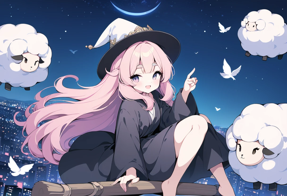 (((Highest quality, 8k, masterpiece:1.3)), ((One Woman)), Pink long hair, Fluffy hair, Thick eyebrows, Pointed hat, Black Robe, Pointy toes, Flying in the sky on a broom, Flying Sheep, Graphic Arts, (Pop Background), (Night Sky), Overlooking the city