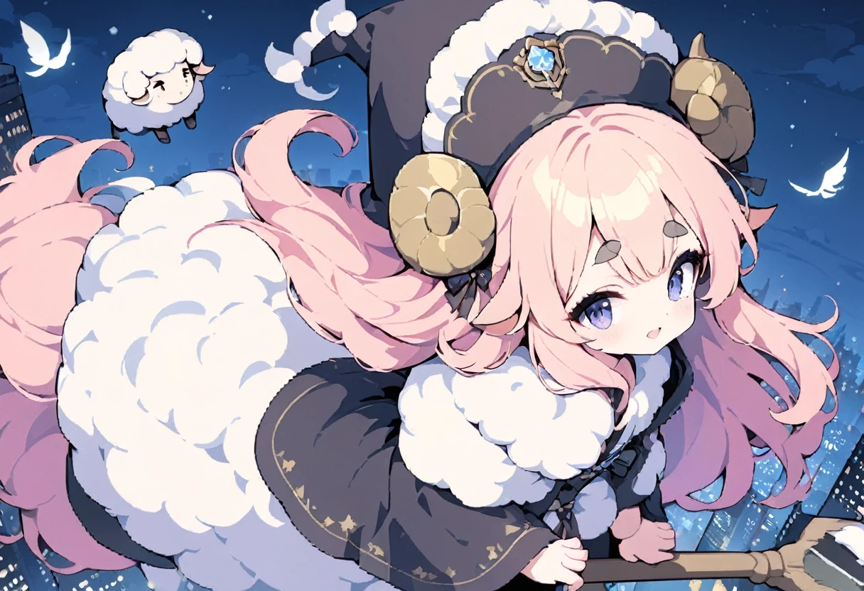 (((Highest quality, 8k, masterpiece:1.3)), ((One Woman)), Pink long hair, Fluffy hair, Thick eyebrows, Pointed hat, Black Robe, Pointy toes, Flying in the sky on a broom, Flying Sheep, Graphic Arts, (Pop Background), (Night Sky), Overlooking the city