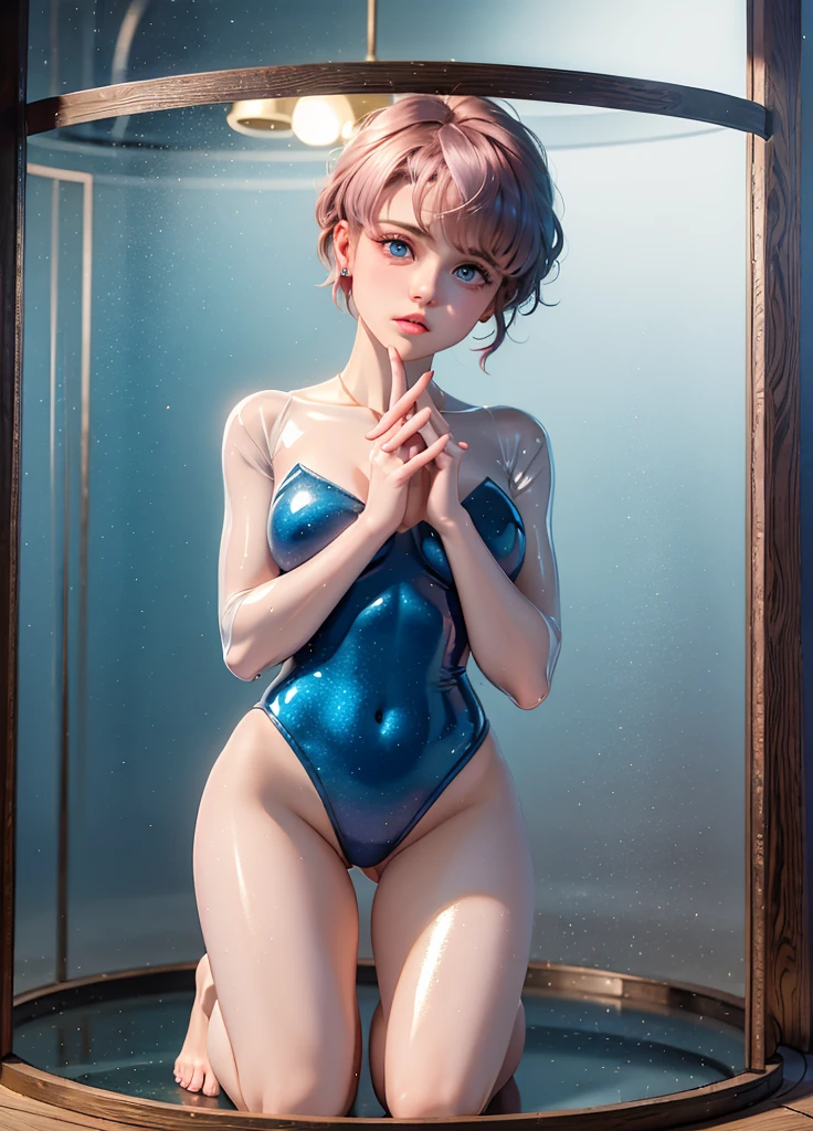 (highest quality:1.2) A girl is kneeling as living mannequin, posed to ask help,  gymnast being exhibited in a glass case, at the museum, wearing long-sleeved shiny leotard, wearing blue pantyhose, anatomical perfect hands, short-cut pink hair, beautiful Europian face, large beautiful eyes, closed mouth to ask help, cute lip, shameful face, full body portrait, extra shiny skin like plastic.