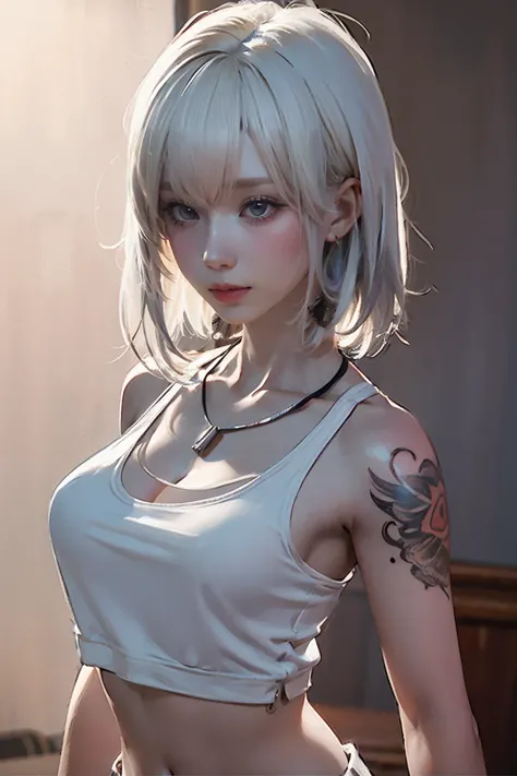 nsfw,((woman with tattoo on chest)), , ((short white hair with bangs, black strands of hair)), purple eyes, (white tank top and ...