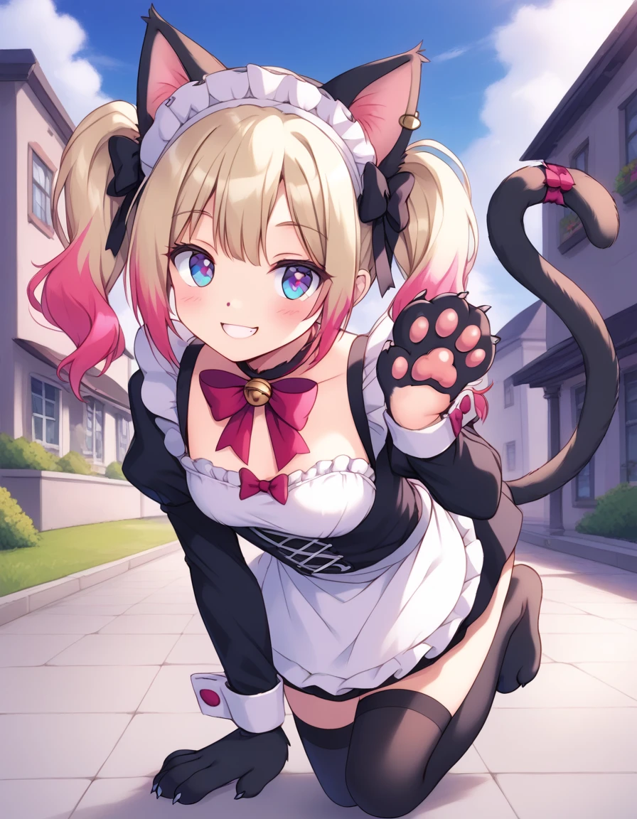 1girl, solo, multiple colored hairs, maid, black cat tail, smile, black thighhigh, leaning forward, leg up outside, charm posing, paw, paw stamps, paw stamps, paw stamps background