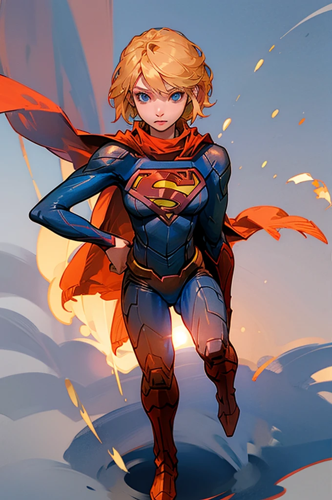 Supergirl, blonde hair, blue eyes, short hair, scarf, hand on hip, standing, full body, supermansuit, blue bodysuit, cape