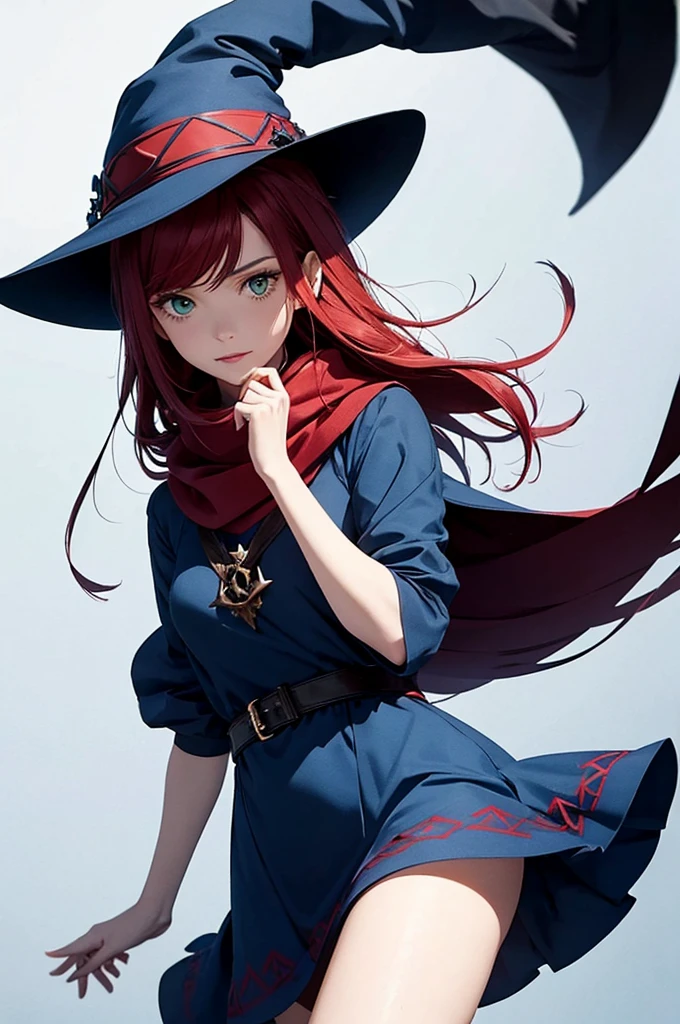 a woman wearing a blue dress with red hair and black hat with a witches symbol on it, 1girl, solo, long hair, hat, green hair, green eyes, scarf, witch hat