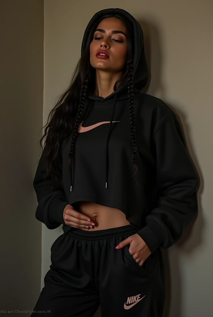 Femme blanche vetue d'un sweat nike noir a capuche qui se masturbe la chatte lassivement sous sont pantalon nike noir cheveux Longs, cheveux Noirs et elle est en plein orgasme elle tiens a peine debout et crie et jouis de plaisir