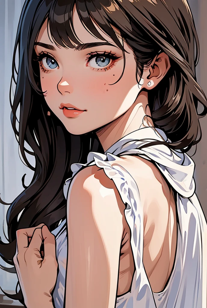 A woman, Skin tone: black or dark brown, pale brown eyes, hair: curly, white and short color, pointy ears, white eyebrows and white eyelashes too, attire: green dress, bottom: wooden room, potion shelves. position: looking ahead, hands at belly level 