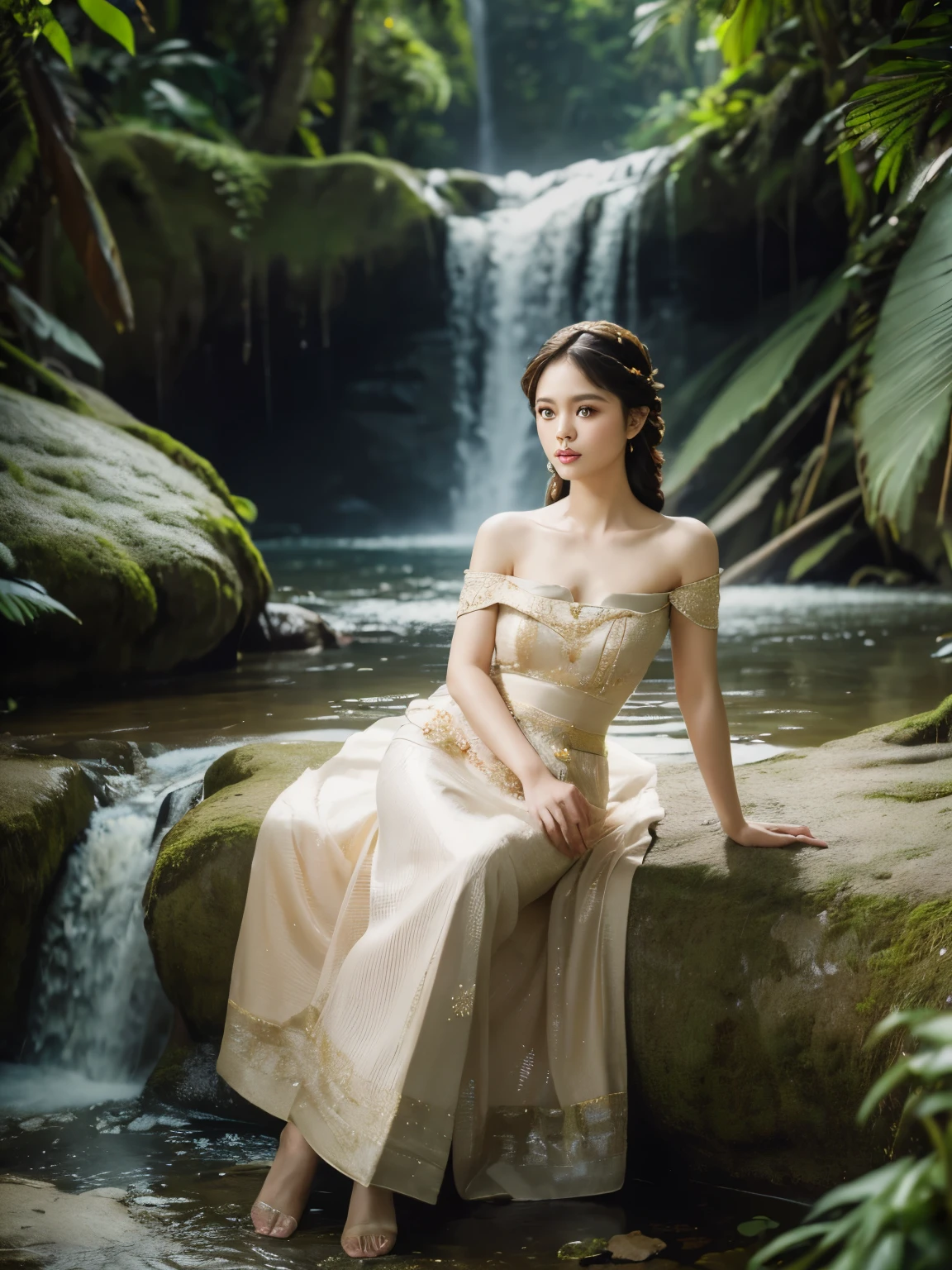 masterpiece, highest quality, HDR, high contrast, ((beautiful girl, Indonesian Female Soldier)), brown long crown braided hair, highly detailed lips, detailed eyes, double eyelid, Make-up face. ((Kebaya dresses, strapless shirts)), Long legs_full body. Sit down. at the edge of the waterfall