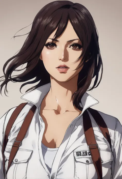 Mikasa Ackerman "Attack on Titan".eastetic symmetrical face eastern european style, extra thin skin. perfect female illustration, thin eyebrows, thick lips , asian full body.very realistic manga style