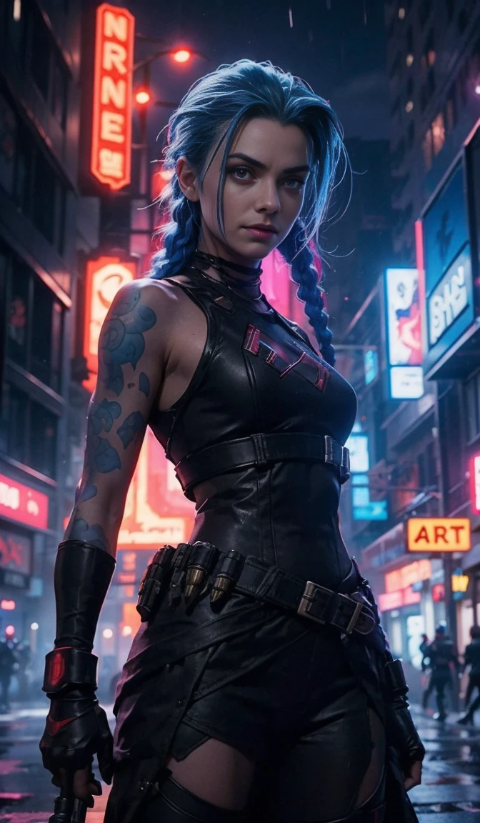 A medium shot of a dynamic cyberpunk showdown in a rain-soaked street. The focus is on a fearless character resembling Jinx, standing defiantly in the center of the frame. The camera angle is slightly below her eye level, emphasizing her bold and confident stance. She holds a futuristic blaster in one hand, her signature blue braids flowing down her shoulders, and a mischievous smirk on her face. In front of her are three towering combat robots with sleek, armored bodies, glowing red eyes, and massive arms equipped with cannons and claws. The robots’ dark silhouettes stand in stark contrast to the vibrant reflections of neon lights from nearby buildings on the wet pavement, creating a striking scene of tension and impending action in a futuristic dystopian setting.