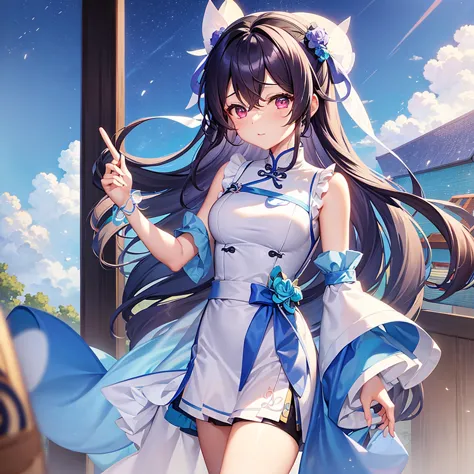 luo tianyi&#39;s eyes are green, her gray-blue hair is tied into a knotted tie, and her skirt is tianyi&#39;s blue. she is weari...