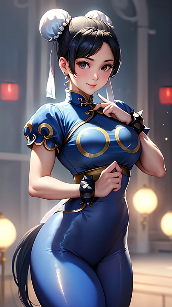 ((Chun-Li,ponytail,blue Leggings:1.3)),upper body, Looking at the audience,Slim and sexy figure, the best quality, (8k), (4K),(masterpiece), (the best quality), Extremely detailed, Game CG, Ultra Detailed, illustration, Beautiful Body,Beautiful nose, Perfect Eye, Perfect Face , 1 girl, 30 years,Fair Finger,Fair body, Fair Nose,Fair character design, perfect Eye, perfect Face,expressive Eye,Perfect balance,(Focus on her Face),(Smile:0.3), official art,Extremely detailed CG Unity 8K wallpaper, rich and colourful,  (masterpiece:1.0),(the best_quality:1.0), Ultra-high resolution,4K,Ultra Detailed, photography, 8k, HDR, high resolution, (Fair,Big goals_Chest:1.4), (blue china dress,smile,pretty face,Clear image:1.3),((青い炎のようなオーラを身にまとう,The background is Chinatown:1.3))