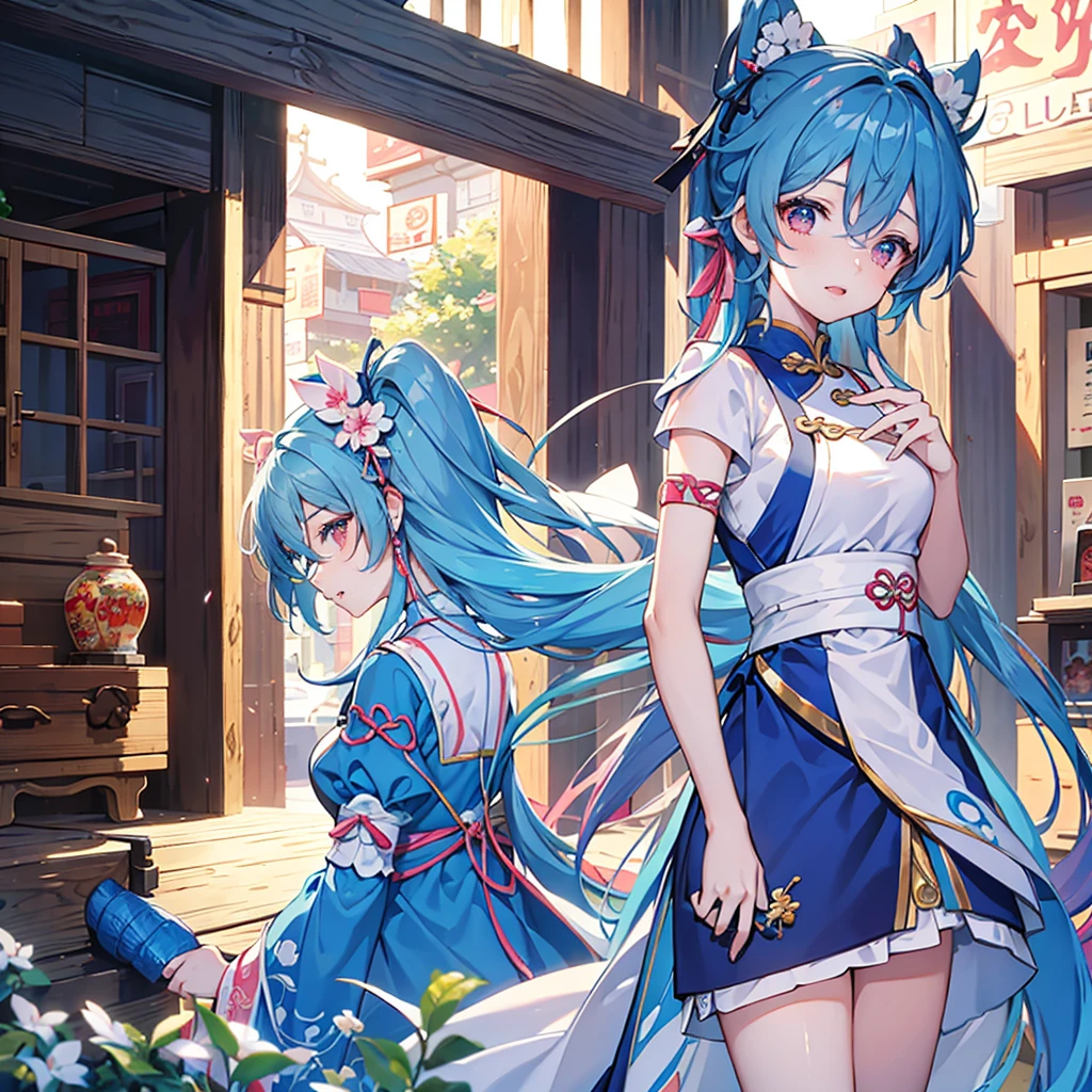 Luo Tianyi&#39;s eyes are green, her gray-blue hair is tied into a knotted tie, and her skirt is Tianyi&#39;s blue. She is wearing a V4 official suit.