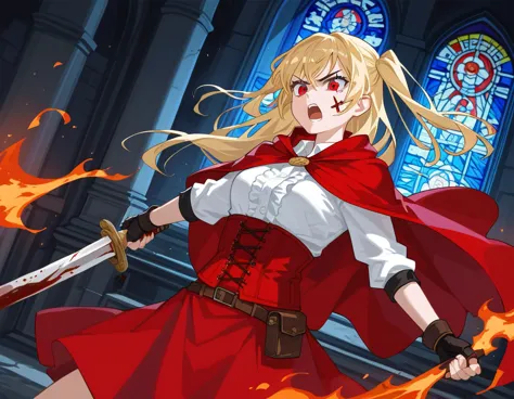 1girl, solo, serious, white shirts, red long cape cloak, red corset, frills red skirt, black fingerless gloves, blonde, two side...