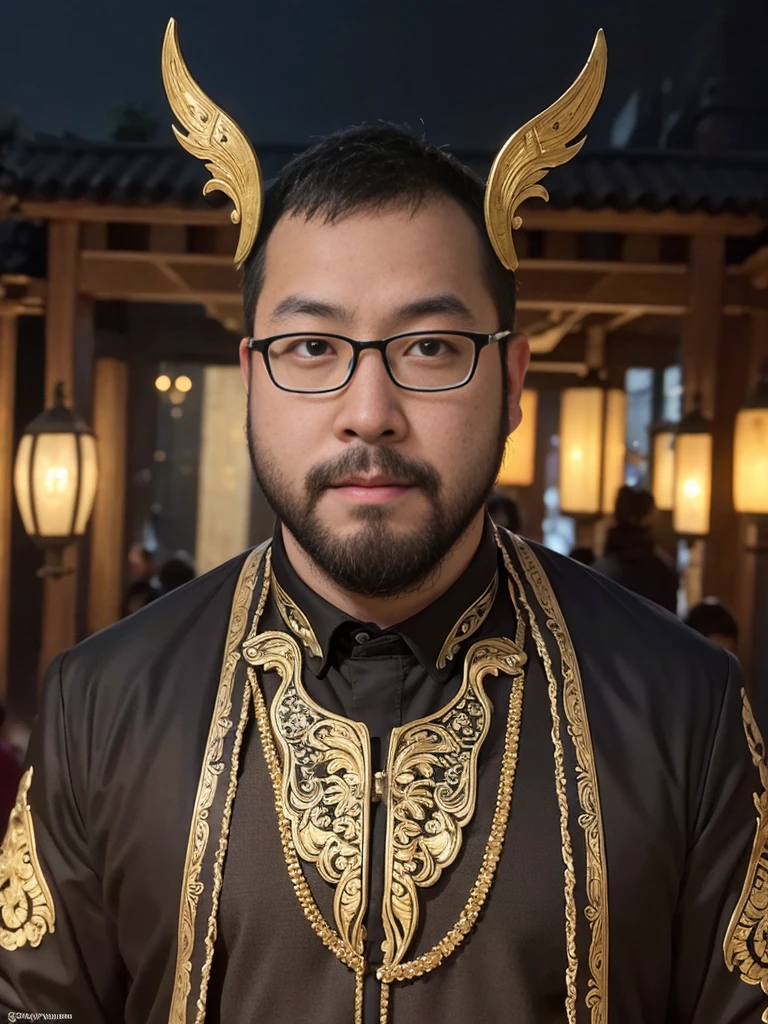 solo, crew cut, (((full body))), mature man, [slightly fat], asian man, brown eyes, rounded face, glasses, slightly balding, (((stubbles, Short beard))),  (Beautiful eyes:1.3), (Detailed face:1.3),  Dynamic Angle, volumetric lighting, (Best quality, A high resolution, Photorealistic), Cinematic lighting, Masterpiece, RAW photo, Intricate details, hdr, depth of field, tall, "Envision a mesmerizing scene of the 'Night Parade of One Hundred Demons' in exquisite detail, representing a masterpiece of artistry and quality. Capture the essence of this supernatural procession with vibrant colors, intricate designs, and nuanced lighting. Emphasize the dynamic movement and energy of the demons, showcasing their diverse appearances and unique attributes. Illuminate the night with ethereal glow and mysterious shadows, evoking a sense of wonder and awe. Enrich the atmosphere with elements like fog, moonlight, and flickering lanterns. Let this extraordinary spectacle unfold in a richly detailed setting, featuring a bustling street adorned with traditional architecture and symbolic motifs. May this be a breathtaking fusion of mythology, tradition, and artistic brilliance."