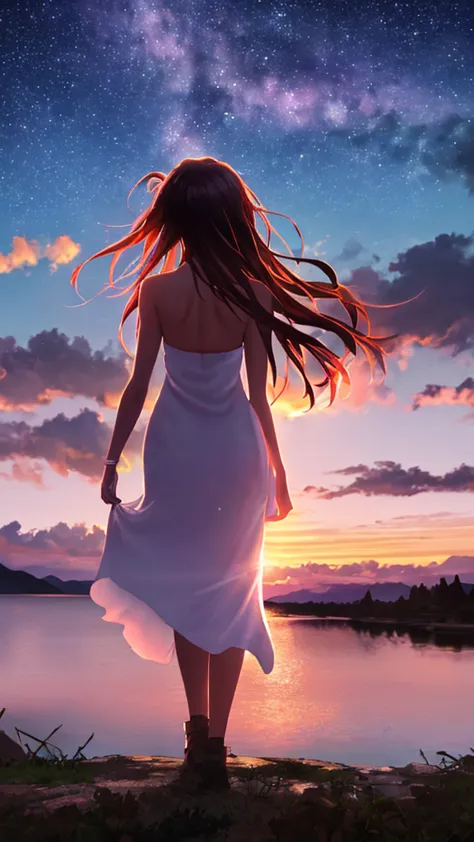 highest quality，photograph，beautiful twilight sky，youth，back view，