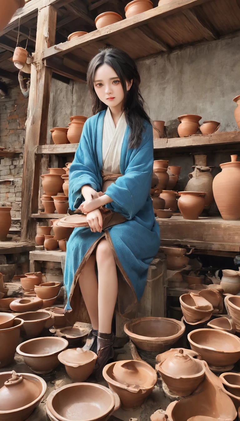 A girl、Lovely、、Perfect anatomical structure、Accurate depiction of the human body、sit down、best quality、masterpiece、high resolution、８ｋ、Wabi-sabi art、The facial and skin texture is extremely fine.、Ultra-fine eyes、Pretty Face、Work clothes are dirty、Potter、轆轤で壺を作る女性Potter、Dirty and messy studio、Clay pots drying on racks_plate、