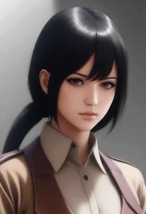 Mikasa Ackerman "Attack on Titan".eastetic symmetrical face eastern european style, extra thin skin. perfect female illustration, thin eyebrows, thick lips , asian full body.very realistic manga style