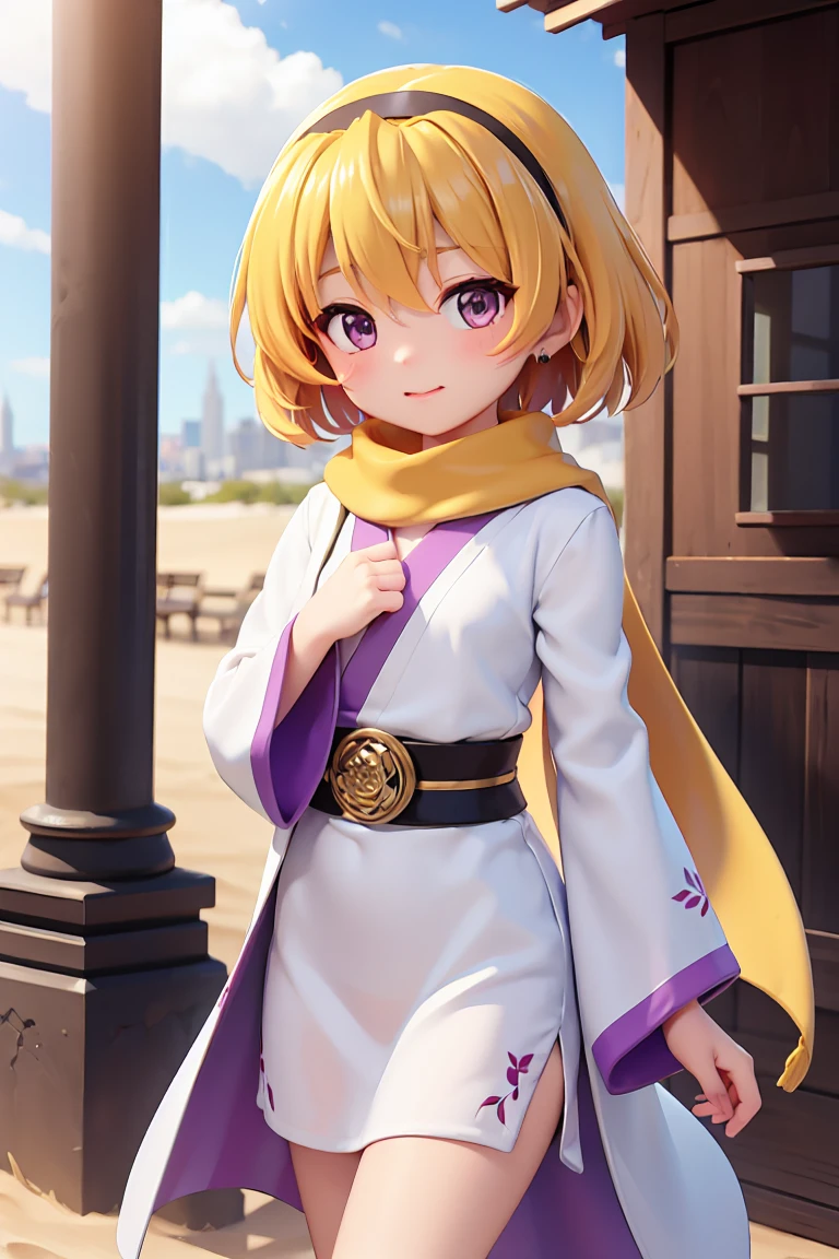 (Satoko Hojo), Yellow Hair, blonde, Purple eyes, short hair, hair band, Flat Chest, , One Girl, money色のアクセサリー, Veil, gem, Kaftans, turbaned, Circlet, 額のjewelry, Elegant robes, sand color, oasis, Light of the sun, Camel, Sand Dunes, Wind, mysterious, Desert flower, Coin Belt, fabric, embroidery, metallic, scarf, Turquoise, jewelry, money, Queen, city, (Cowboy Shot), (Pillar), Chibi Figures,