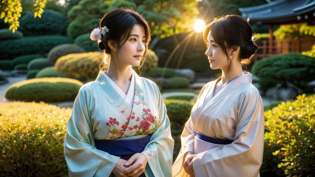 Standing in a Japanese garden、Beautiful woman、Very large breasts、(View your viewers)、nature、kimono、Japanese Clothing、Skin Details、Genuine、Dim lighting、sunset