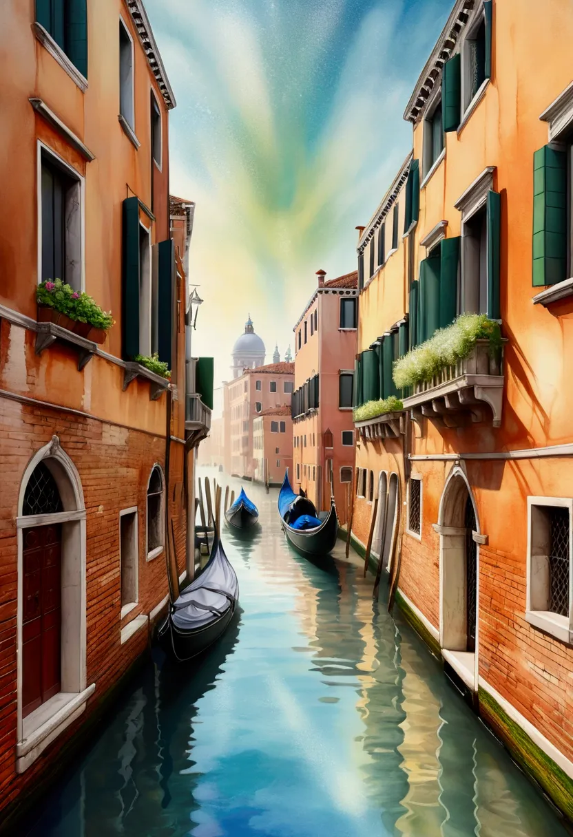 fusion of watercolor and acrylic drawing, landscape painting of Venice, the city of water, cooling off in the clear, beautiful water, mist effects, smear effects, iridescent dust sparkle effects, conceptual installation art, high and fine artwork, delicate and dynamic textures, contrasts of light and shadow, 2.5D, artistic photography, hyper realistic, graphic CG digital art, ultra detailed, absolutely resolution, best quality