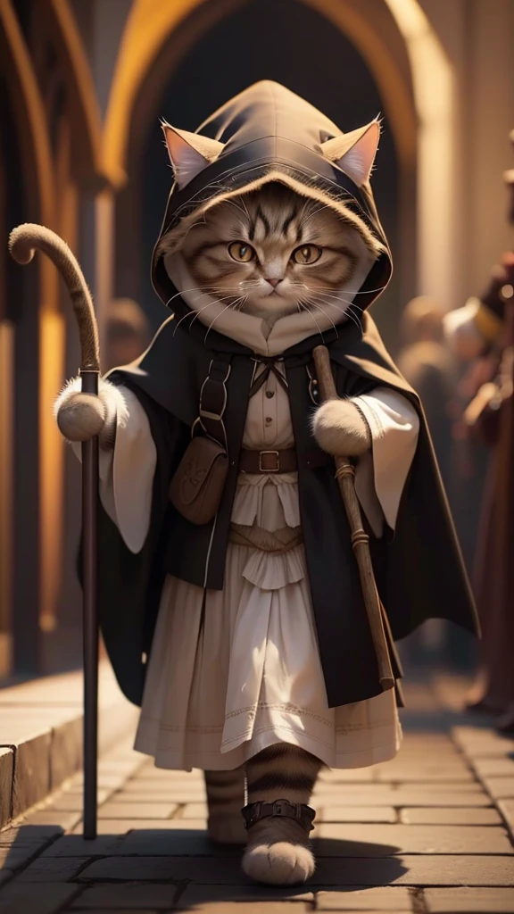 Fluffy brown cat, Very detailed cat and fur, Dressed as a wizard with a black hood and skirt:1.4、Carrying a walking stick, The background is inside the castle、Highly detailed images, Atmospheric light, 50mm lens, (Cat Eyes and Feature Details) Realistic Cat, 8k