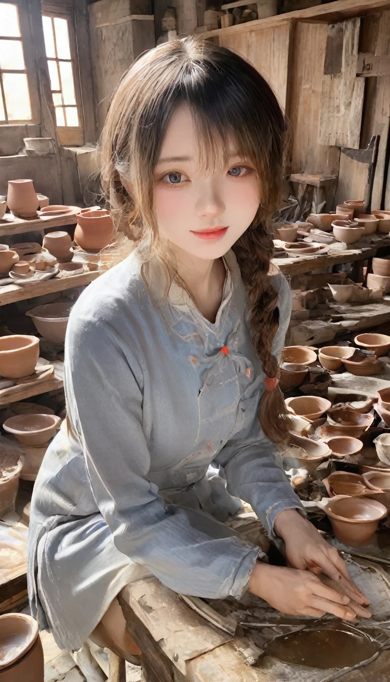 A girl、Lovely、、Perfect anatomical structure、Accurate depiction of the human body、sit down、best quality、masterpiece、high resolution、８ｋ、Wabi-sabi art、The facial and skin texture is extremely fine.、Ultra-fine eyes、Pretty Face、Work clothes are dirty、Potter、轆轤で壺を作る女性Potter、Dirty and messy studio、Clay pots drying on racks_plate、