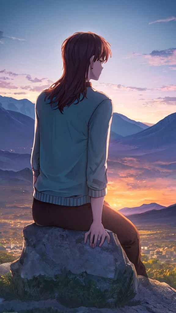 Highest quality，photograph，Beautiful twilight sky，The mountain behind，youth，Back view，solo，Sitting