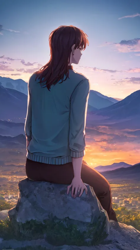 highest quality，photograph，beautiful twilight sky，the mountain behind，youth，back view，solo，sitting