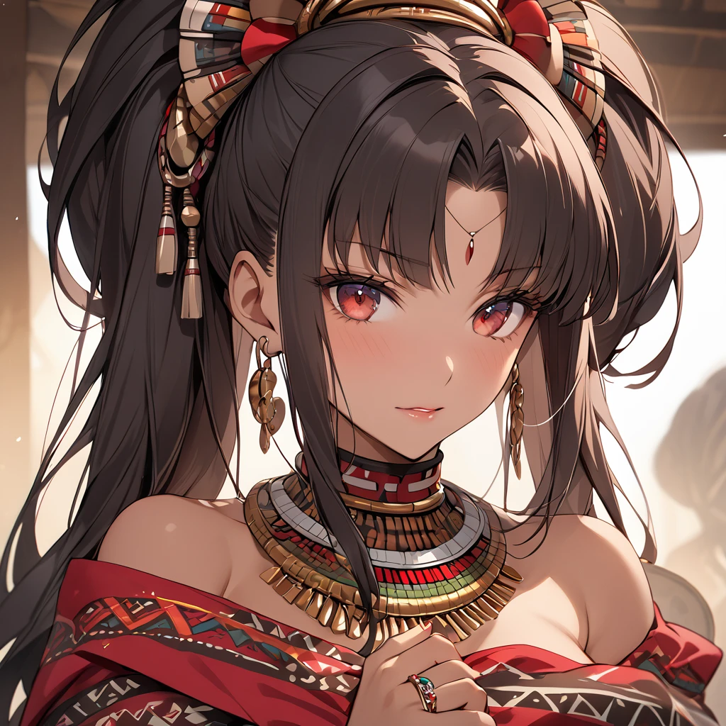 ((Highest quality)), ((masterpiece)), (detailed), （Perfect Face）、The woman is Tohsaka Rin, an African tribeswoman, with dark-skinned African hair and a tribal outfit and gorgeous tribal accessories, and is wearing an engagement ring.