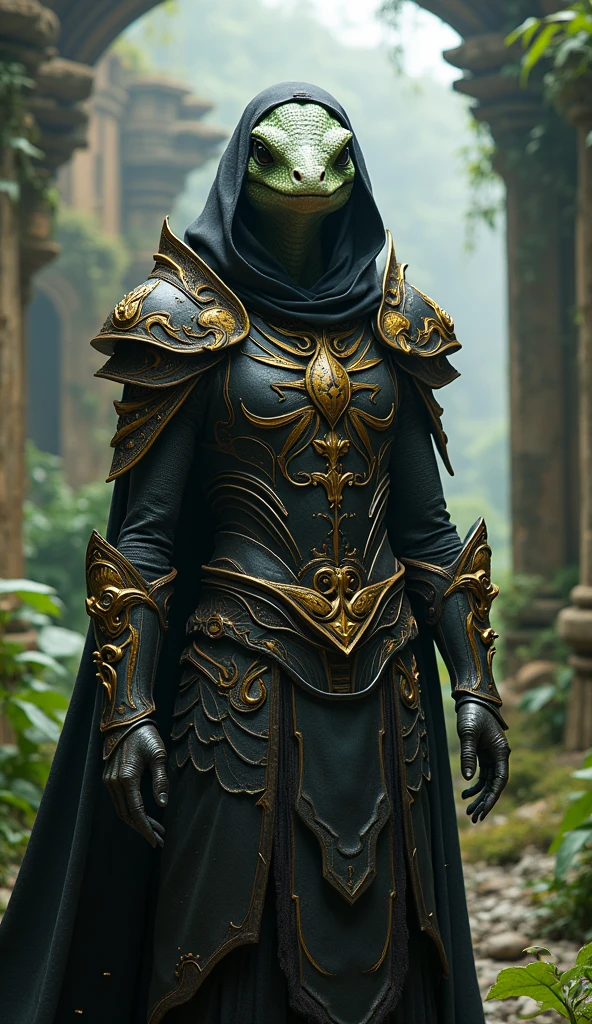 A character with the face of a lizard, clad in intricately detailed armor adorned with gold. The character is wearing a hood and a mask that conceals their face. The surroundings are an ancient site overgrown with lush vegetation, adding to the mystery and beauty of the scene. The lighting and shadows enhance the depth and dimension of the image.