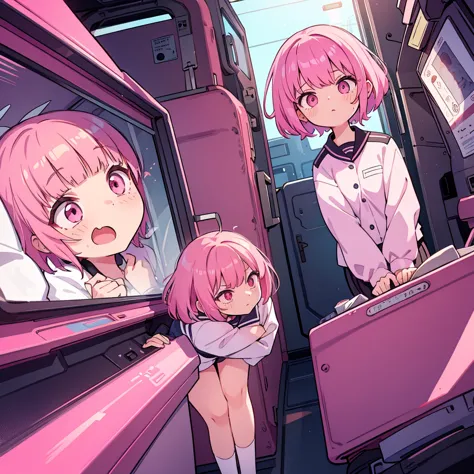 one girl, pink eyes, scared，pink hair，oversized uniforms，short hair