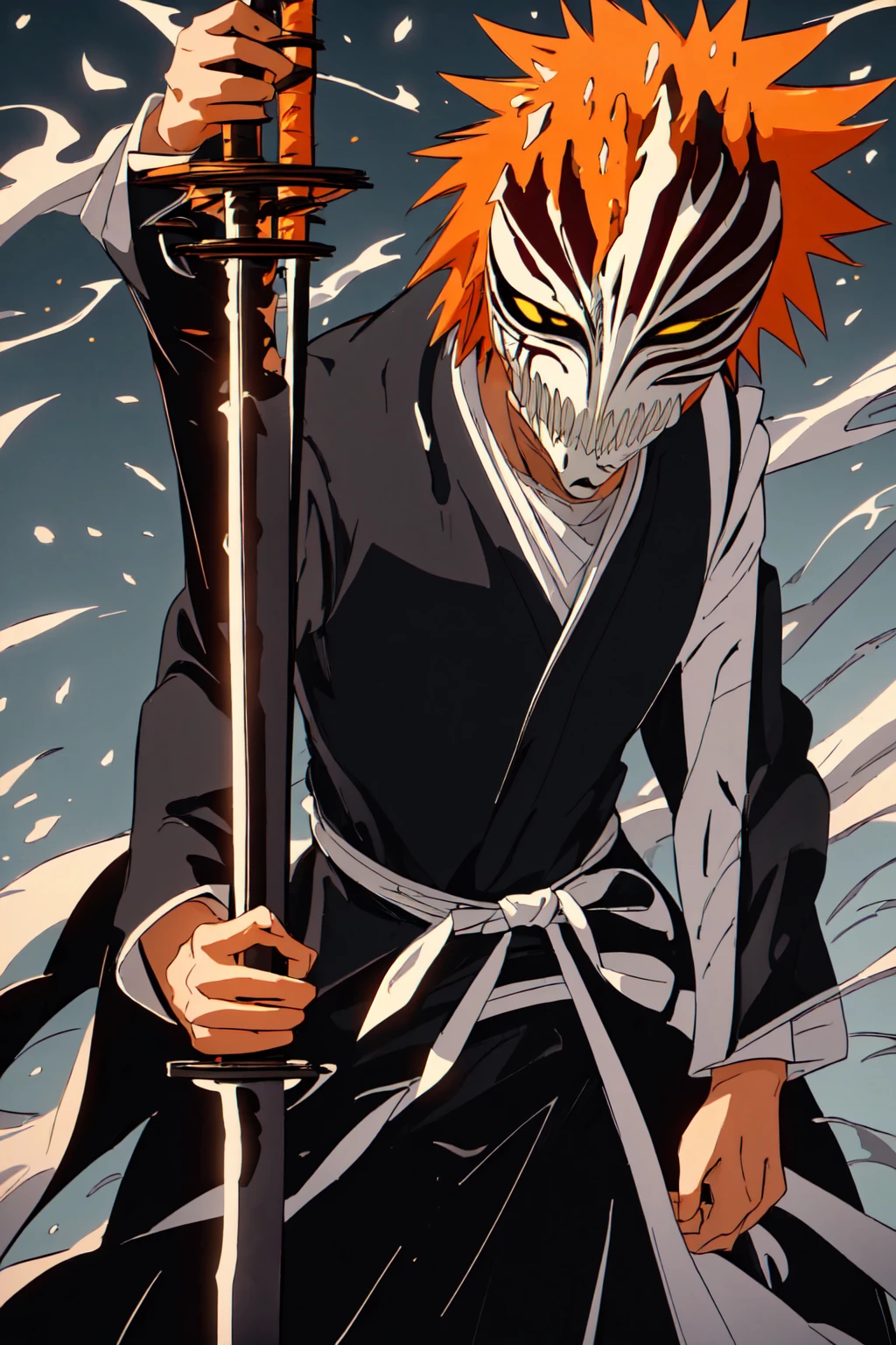 ((best qualityer)), ((work of art)), (details Intricate, hyperdetailed:1.15), 35mm, bokeh, (face perfect, extra detailed face), (action photo, Mid-angle Shot), hollow mask ichigo, colored sclera, mask, black sclera, hair orange, gazing at viewer, long and spiky hair, (emptying, liquid mask:1.3), sheening eyes, dentes pontiagudos, gazing at viewer, (hailocavaleiro, standing alone, 1 girl, holding sheening katana infront of him, holding the sword:1.4), gazing at viewer, 8k, Ablaze, sheen, (blossom), male focus, Cinematic shot, in a desert with white sand, black sky, fullmoon