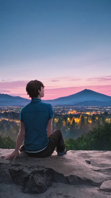 highest quality，photograph，beautiful twilight sky，the mountain behind，youth，back view，solo，sitting on the ground