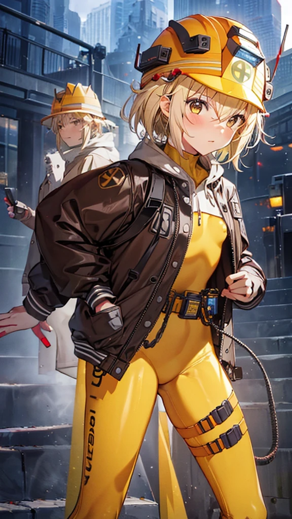 nickel liter,３people,Blonde,Very short hair,Yellow Eyes,blush,Helmet,Jacket,(Yellow Zentai),belt,((low length)),((Flat Chest)),(Lift your legs),Highest quality,Best image quality,Perfect Anatomy,masterpiece,Ultra-detailed,beautiful、super high quality, Highest quality,High resolution, Very detailed,Game CG,Dutch Angle ,beautiful細部までこだわった目, Visual Arts,Five Fingers, Perfect hands,