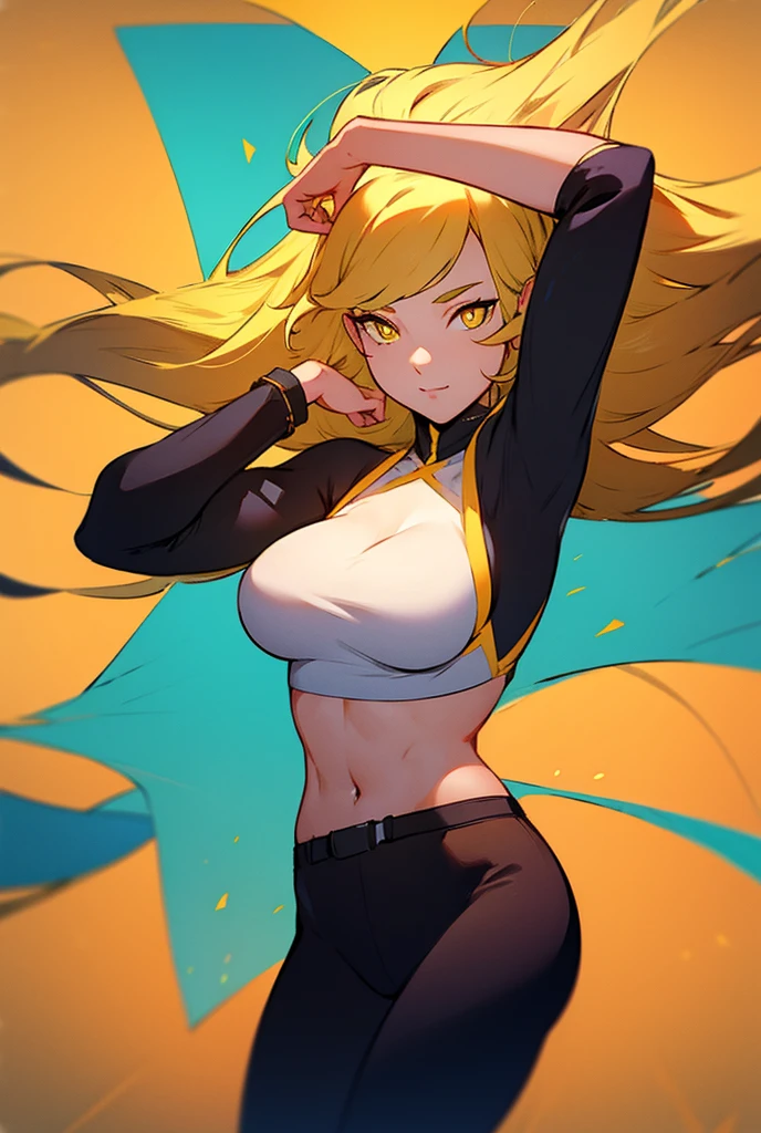 Black background, yellow hair, long hair, 1 girl, Solo, high resolution, high quality,best quality,4k,8k, masterpiece, yellow crop top, thick tights, bigger breasts, yellow jean, yellow eyes shining, looking at viewer, her head slightly  looking you from upper, no emotions, mixt of turquoise, yellow and black in the background, dynamic pose, 