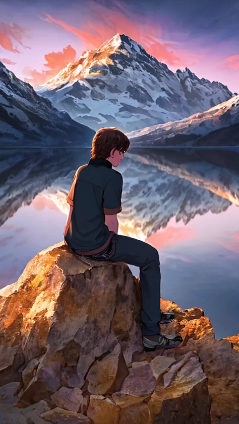 highest quality，photograph，beautiful twilight sky，the mountain behind，youth，back view，solo，sitting on the ground