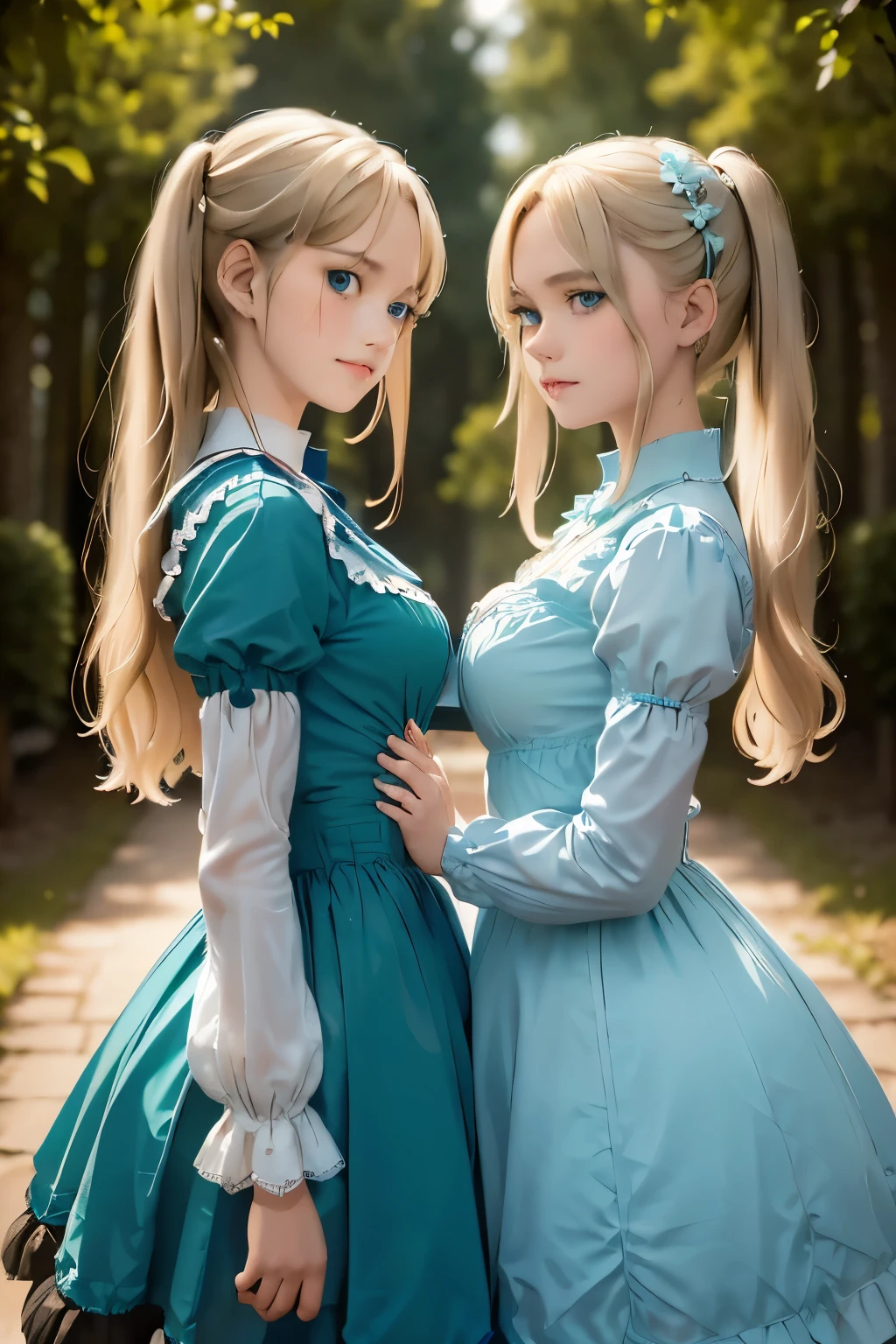 two girls, night, moon, starry sky, (masterpiece、highest quality、highest quality、Official Art、Beautiful and beautiful:1.2)、(One girl:1.3)Hatsune Miku、Twin tails,Beautiful breasts,wide angle, detailed reproduction of a forest surrounded by fog up to a height of one meter. clear starry sky with a big full moon, bare trees, winter, two girls, (Virginia Otis,  (blond hair, blue eyes)) pose with ( Georgie Gerald (blond hair, green eyes)). Victorian style. thin, cute face, walks at night in Canterville Castle (inspired by the novel The Canterville Ghost). aged 1887, Victorian fantasy
