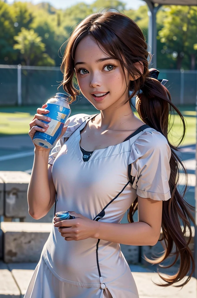 a computer generated picture of a lady in tennis attire with a can of water in her hand, 1girl, solo, smile, bottle, holding, long hair, brown hair, bangs, open mouth, breasts, short sleeves, looking at viewer, blush, holding bottle, blurry background, shirt, ponytail, medium breasts, covered collarbone,