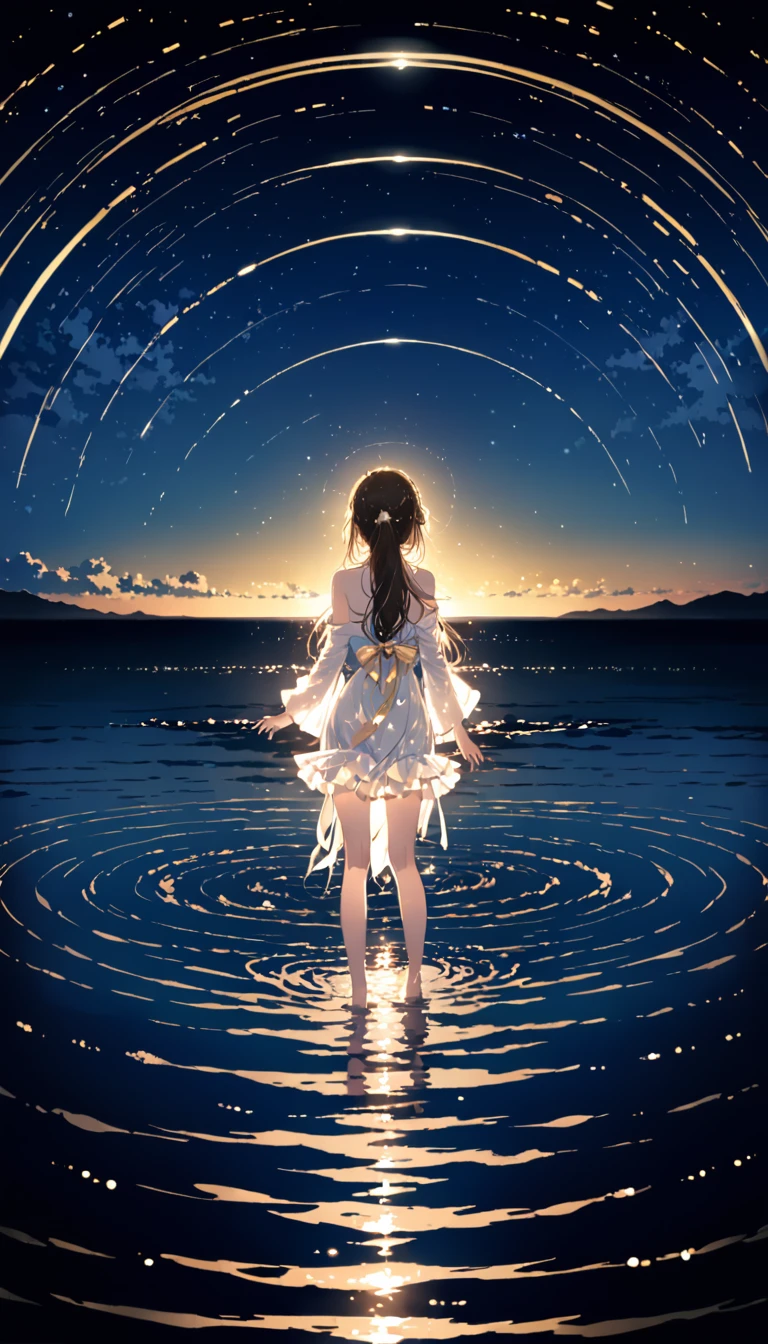 Night view、Japanese Girls、Light clothing、pretty girl、Step into the sea、Standing on tiptoes、landscape、Between the horizon and the sea、Ripples spreading from the toes、Standing about 20 meters away、On the Sea、The whole scene is shining、illumination、