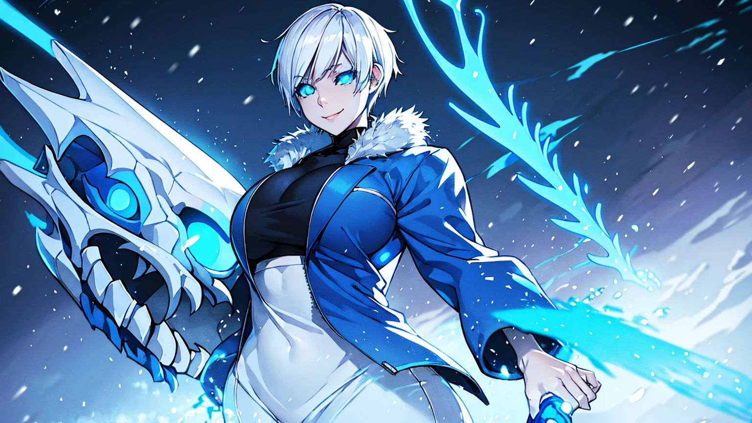 Sans blue jacket black shirt fire eyes skull smile long eyelashes white short hair glowing face blue dragon skull cannon standing alone in the snow town Femininefull Super huge big breasts breast enlargement full-body shot