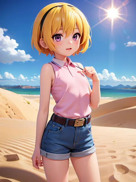 (satoko hojo), woman, alone, yellow hair, blonde, purple eyes, short hair, hair band, flat chest, , collared shirt,sleeveless sh...