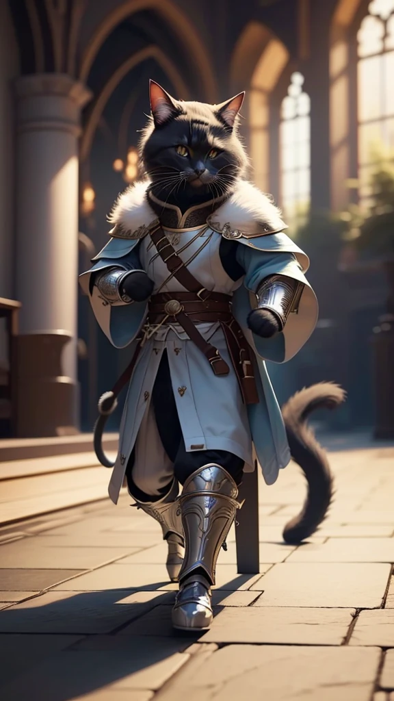 Fluffy black cat, Very detailed cat and fur, He is dressed as a martial artist in light blue armor.:1.6、 The background is inside the castle、Highly detailed images, Atmospheric light, 50mm lens, (Cat Eyes and Feature Details) Realistic Cat, 8k