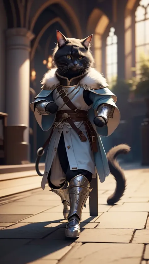 fluffy black cat, very detailed cat and fur, he is dressed as a martial artist in light blue armor.:1.6、 the background is insid...