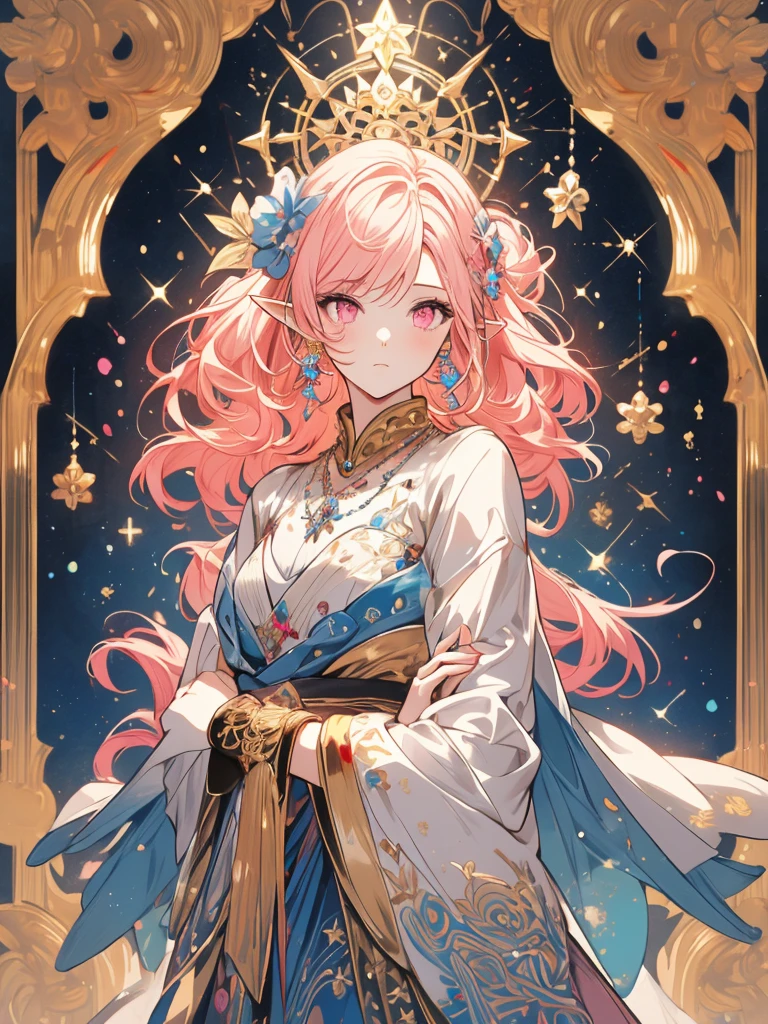 (masterpiece, ultra quality, official art, beautiful and aesthetic:1.2), (1girl), anatomically correct, colorful, ultra highres, unity 8k wallpaper, ultra detailed, pretty, (mandala), divine light, gold foil art, sparkling paintings, long pointy ears, pink eyes, pink hair, iridescent dress, jeweled necklace, view audience, cowboy shot, tarotcard, arms up, arms out of frame, praying to God