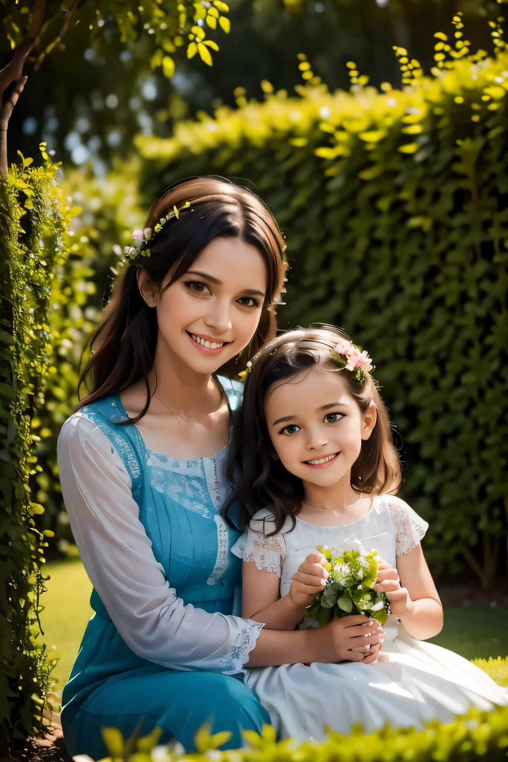 a exploring a beautiful garden with her smiling mother, detailed eyes and face, long eyelashes, happy and curious expression, detailed garden scenery, flowers, trees, sunlight, photorealistic, cinematic lighting, vibrant colors, highly detailed, masterpiece, 8k, award winning, a followed by her mother explores the garden of the house, happy and curious expression on the little girl's face, smile on the mother's face.