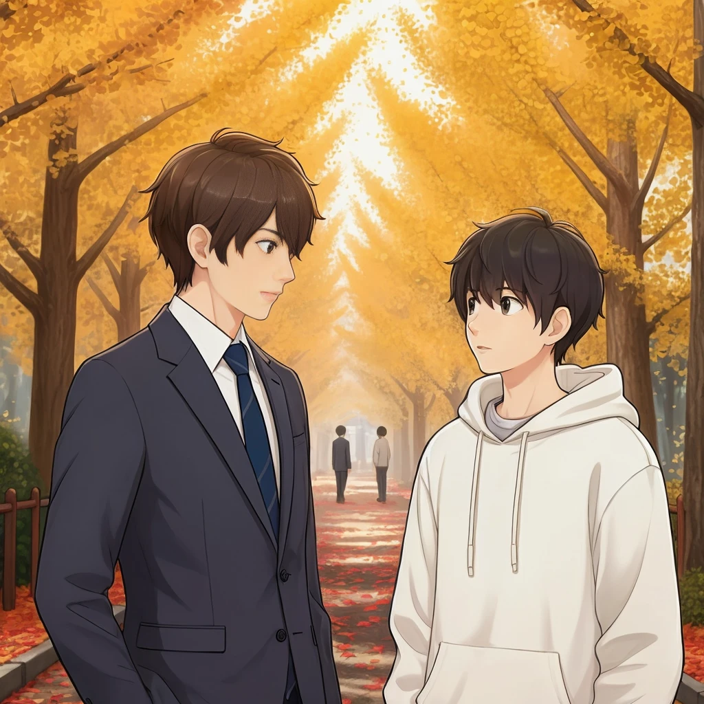 In a ginkgo tree-lined path, two Japanese men are staring into each other's eyes at each other. The autumn atmosphere fills the scene, with red leaves covering the ground. One is a newly employed man in a suit, while the other is still a university student . Both have youthful, beautiful boy-like faces, with the university student being shorter and wearing an being shorter and wearing an oversized hoodie .