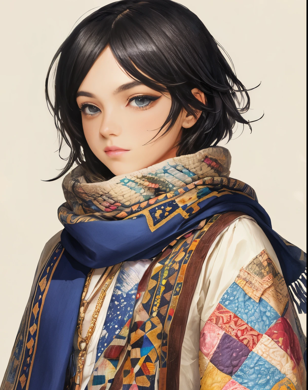 Pastel colors, 1 Shorty, Final Fantasy Character Simulator, Wrap yourself in patchwork scarves and quilts, Cross Wrap Scarf, Multi-layered scarves and quilts, Large beads and tassels, Cover your body and face with quilts and scarves of various patterns. Only their eyes can be seen, Heavy eyeliner, Androgynous face, Only clothes wrapped in scarves and quilts, ((Whole body image: 1.4)), ((Dark mysterious exquisite steampunk background: 1.0)), Game art book style, Pen and ink outline, Gouache and watercolor, Pen and ink outlines and details, Akihiko Yoshida&#39;s Style Art, 8K images, exquisite artwork, Master, Whimsical, ((The entire head and body is in view: 1.5)), Shoes or boots, 