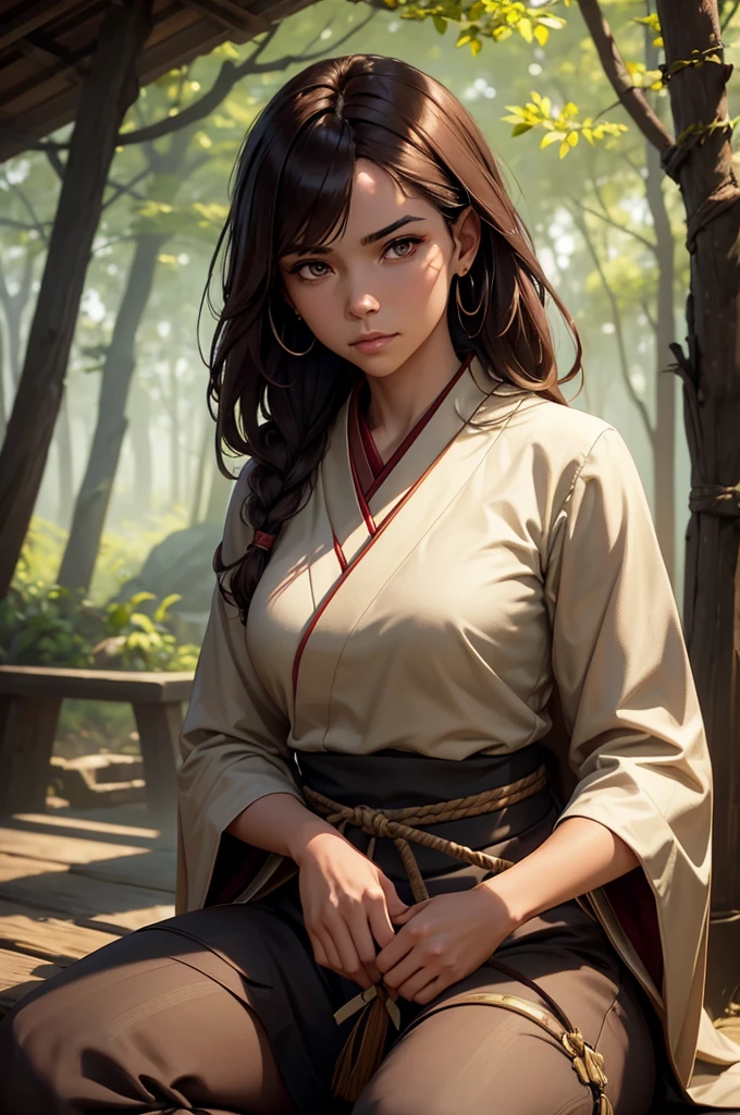 A close-up portrait of a young black man kneeling in an outdoor forest setting, holding a katana with both hands. he is wearing a traditional dark red kimono with a black inner lining visible at the collar, and a light-colored hakama underneath. his expression is calm and serious as she looks directly at the camera with a slight tilt to the right. The katana's sheath is prominently featured, with its maroon-colored scabbard adorned with intricate beige and gray woven wrapping, a black circular pommel, and a decorative silver pattern consisting of diamond-shaped segments forming a crisscross grid. A beige and gold cord is wrapped around the base of the sheath, with a small tassel hanging down. Her right arm rests on the sheath, while her left hand supports it from below. his medium-length chestnut brown hair is styled in a loose, slightly messy manner with bangs partially covering her forehead, framing his face. The background is blurred, consisting of natural elements like dry twigs, branches, and green foliage, which creates a shallow depth of field and emphasizes the subject. The lighting is soft and natural, illuminating her face evenly and highlighting the textures of her clothing and the katana. The overall color palette includes earthy tones like dark red, cream, and forest green, contributing to a serene and contemplative mood. The image has balanced gamma, medium contrast, natural saturation, and moderate brightness, creating a harmonious and balanced visual effect., unreal engine, greg rutkowski, loish, rhads, beeple, makoto shinkai and lois van baarle, ilya kuvshinov, rossdraws, tom bagshaw, alphonse mucha, global illumination, detailed and intricate environment