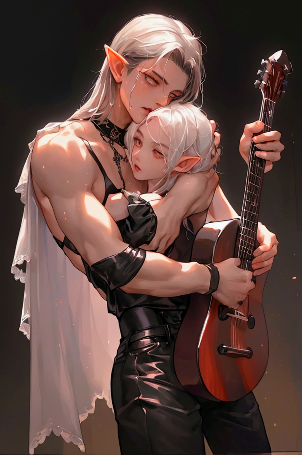 the title "Black Angel" is emblazoned in bold, serif font, with subtle distressing, as if etched into the seamlessly with the ack ground. The cover of the sensual novel, Best quality, Young Adult Male Elf, Black wavy Middle hair, Red Eye, ((Gothic Thema)), V-neck sleeveless, Short Skinny pants, He is Hugging & licking a guitar, Gay, Sexy, Sweating from intense sports, Camellia flower, dramatic story, (((masterpiece))), ((Pale Skin With Shiny)), ((Ultra Detailed Face & Eyes & Fingers with Hairs & Clothing), Wear Complex Design, Slim muscle, Bust up, adult body, summer at music fes,