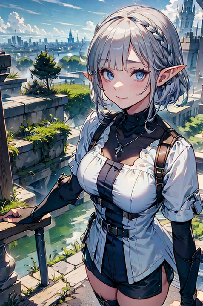 Cityscape above the clouds,（Pointed Ears、Elf、blue eyes、green date outfit、Long eyelashes、Silver braided short hair）
