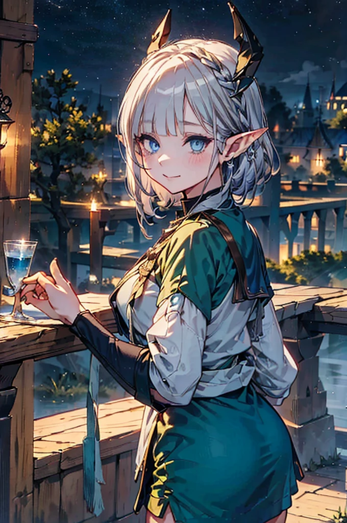 Medieval cityscape at night above the clouds,（Pointed Ears、Elf、blue eyes、green date outfit、Long eyelashes、Silver braided short hair）